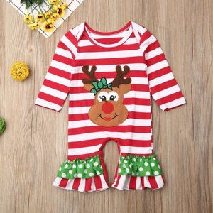 NEW Infant Girl's Stripe Reindeer Christmas Romper